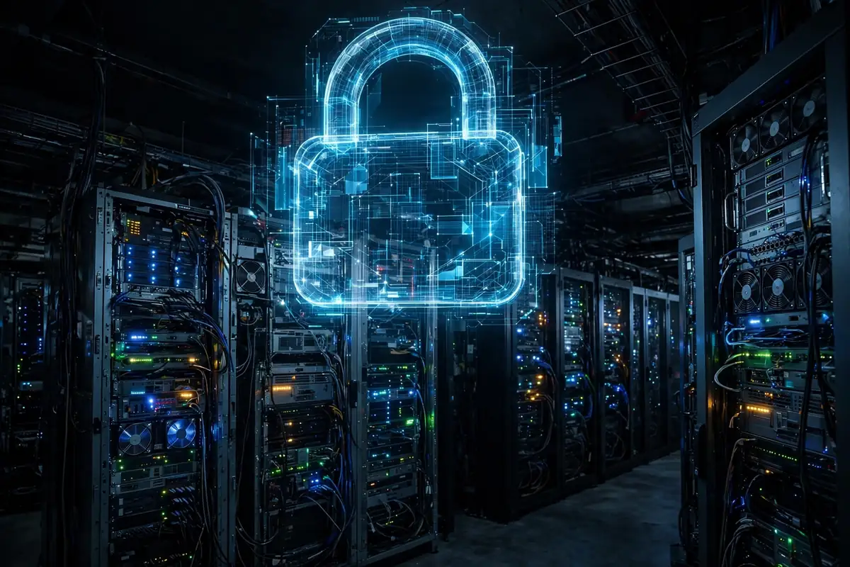 A glowing digital padlock over server racks in a data centre