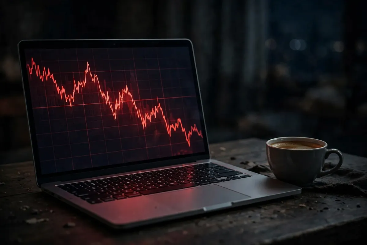 A laptop showing a falling red market chart beside a coffee cup