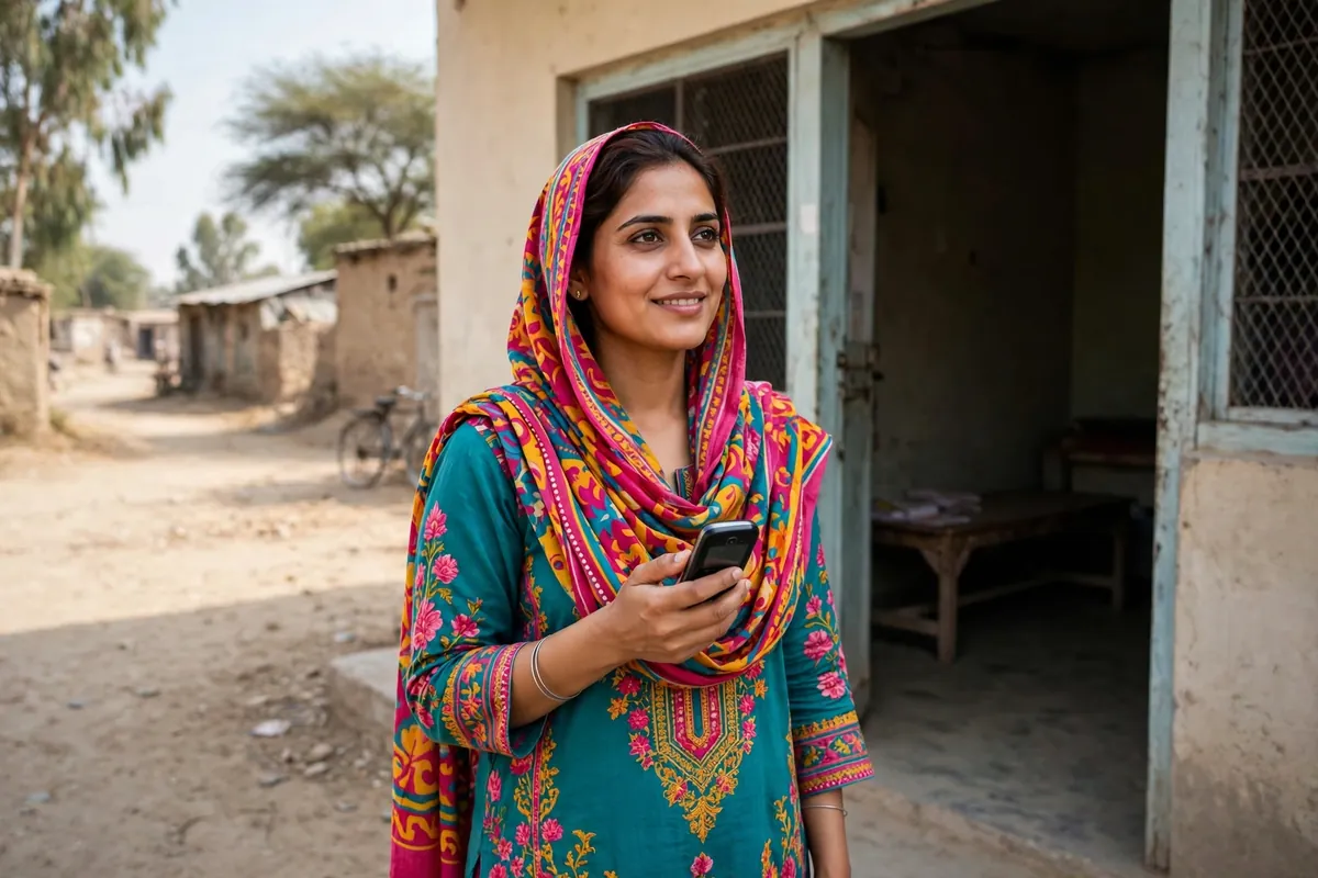 Woman holding a mobile phone outside a payment centre in a Pakistani town