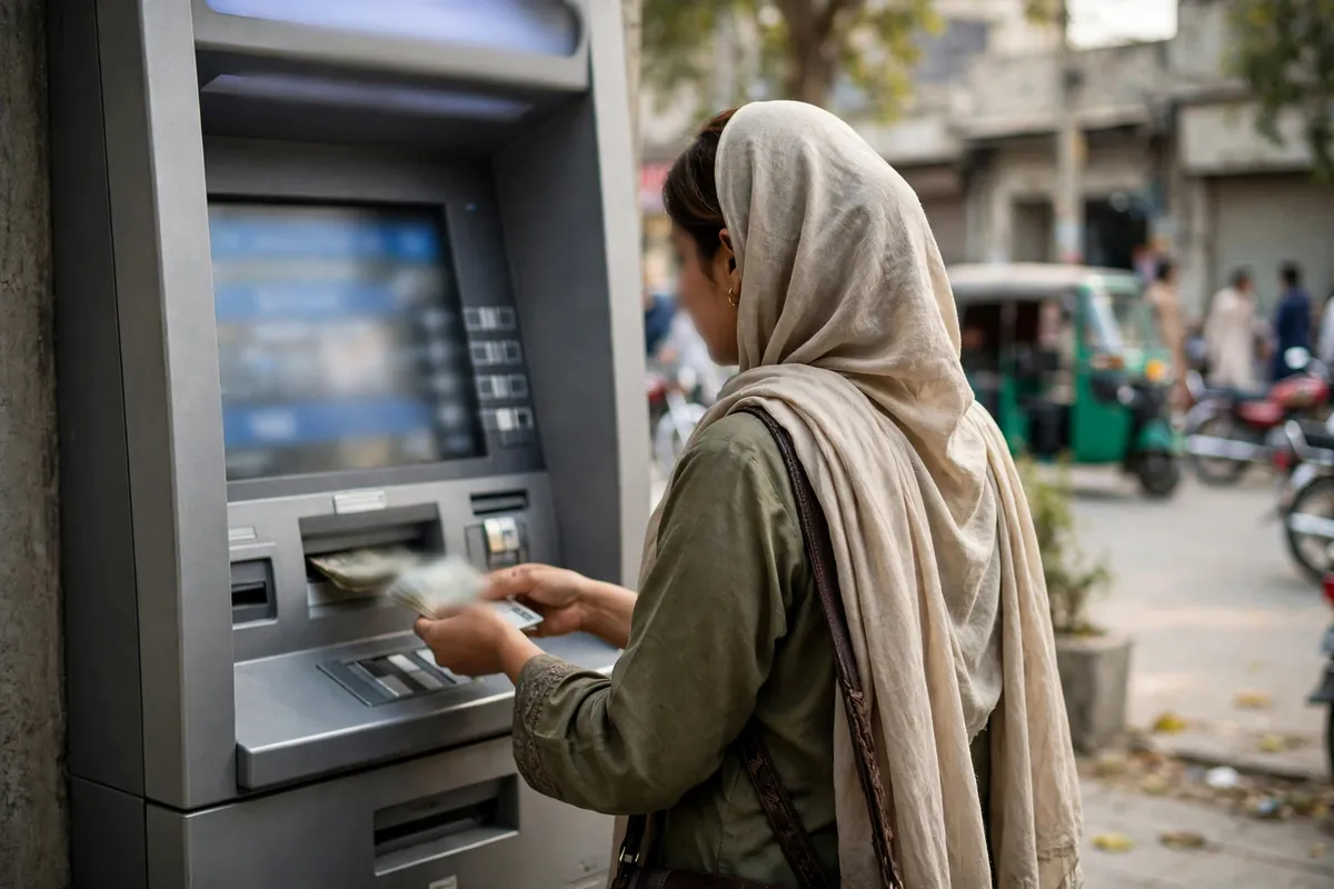 Woman withdrawing her BISP payment cash at an ATM