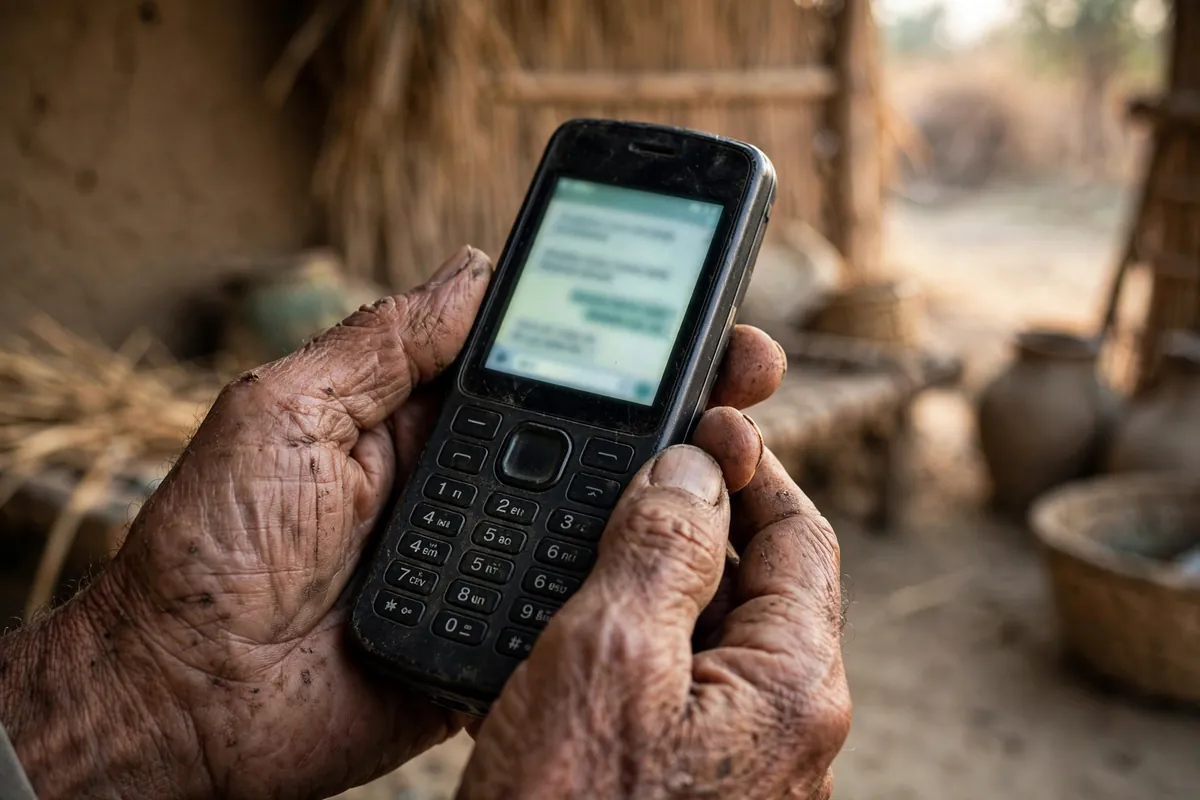 Hands holding a mobile phone to check a BISP status message by SMS
