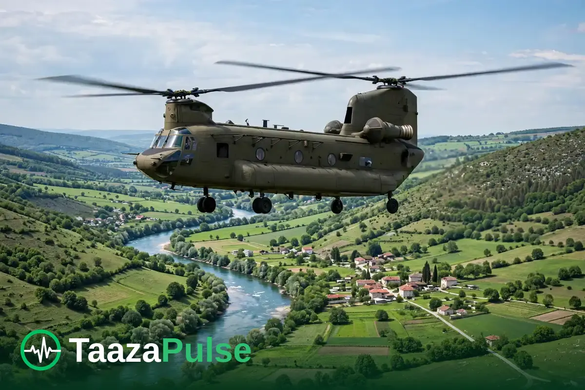 A twin-rotor military transport helicopter like a CH-47 Chinook flying over green Bosnian hills