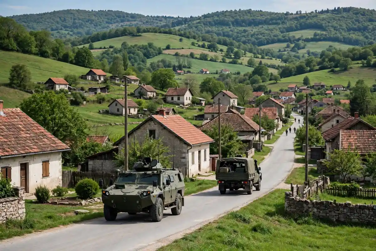 Peacekeeping military vehicles on a rural road in a Bosnian village