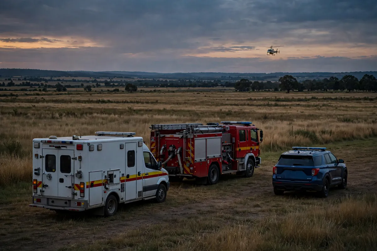 Emergency vehicles in an open field at dusk with a helicopter in the distance