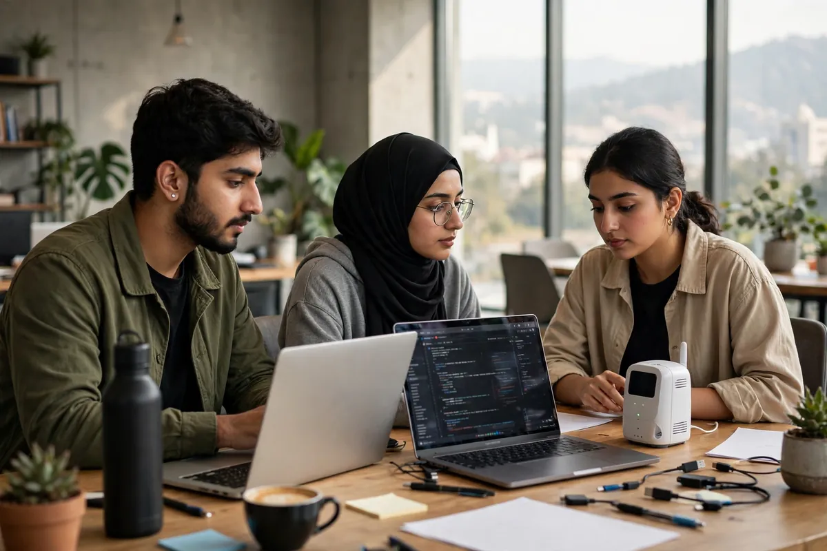 Young Pakistani startup team working with laptops and an air quality sensor in an office