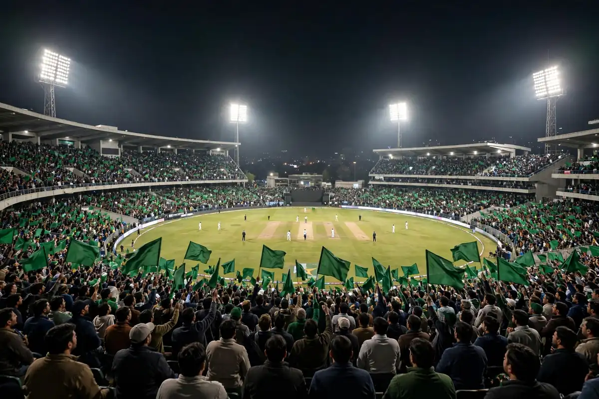 Packed cricket stadium under floodlights during a night match in Pakistan