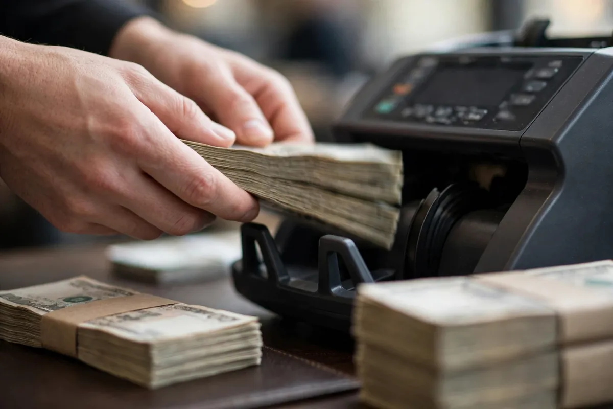 Hands feeding banknotes into a currency counting machine on a bank desk