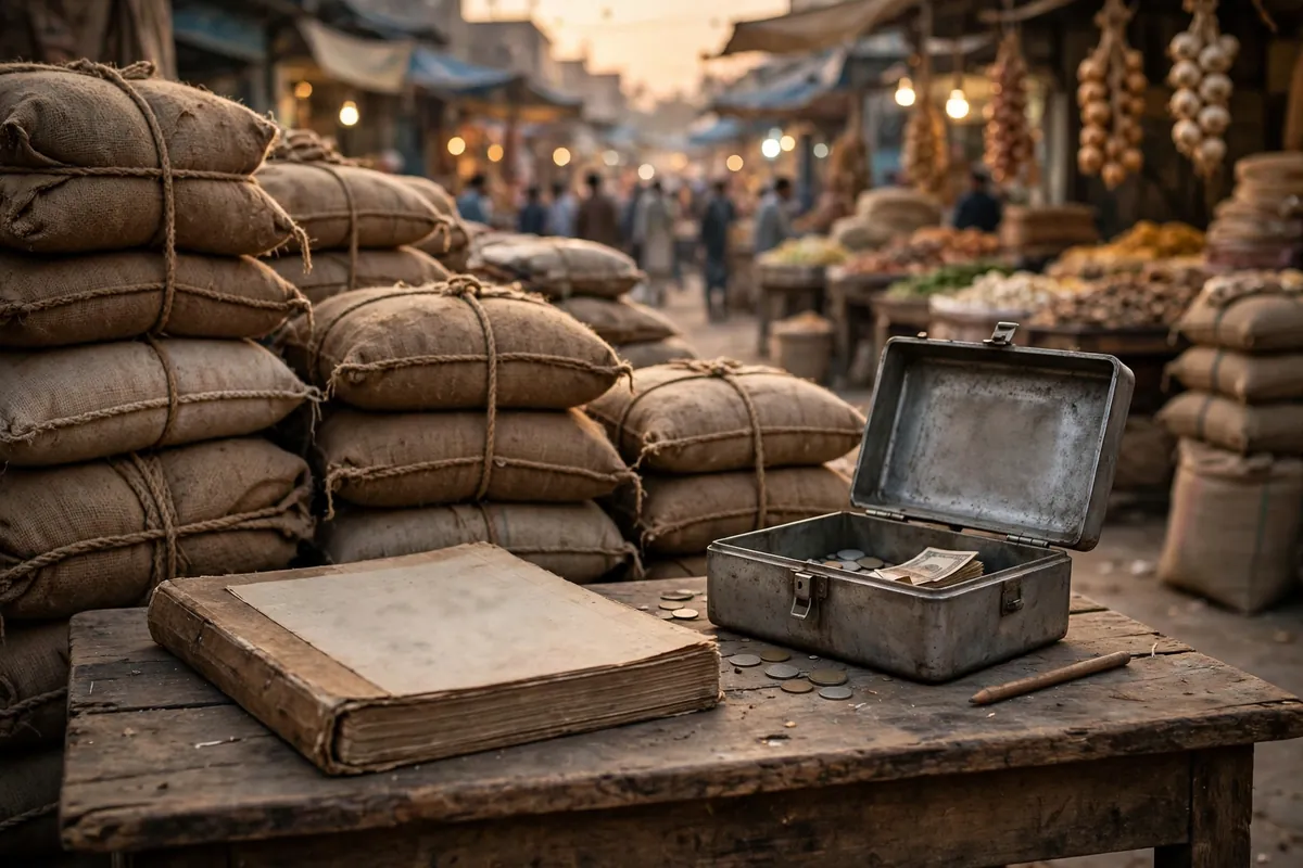 A wholesale market trader's desk with a cash box and a paper ledger