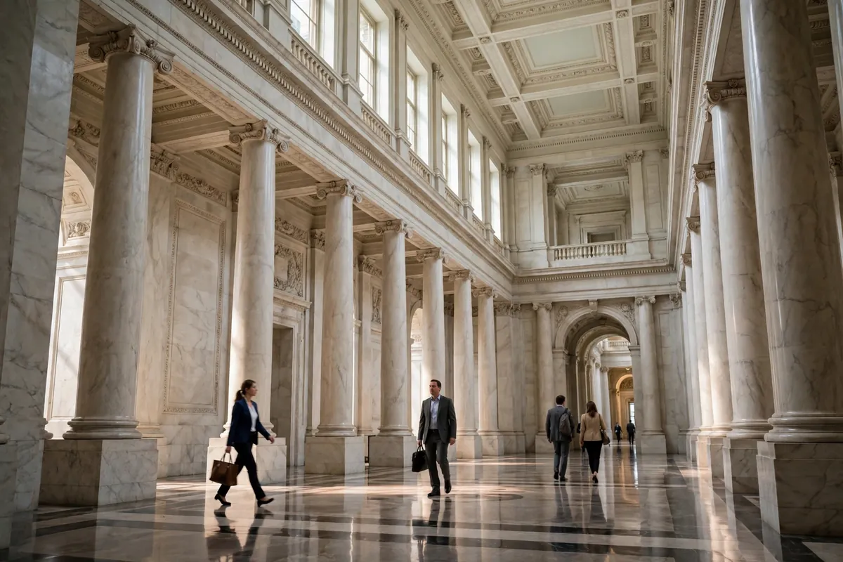 Grand central bank hall with tall columns, symbol of Pakistan's financial system