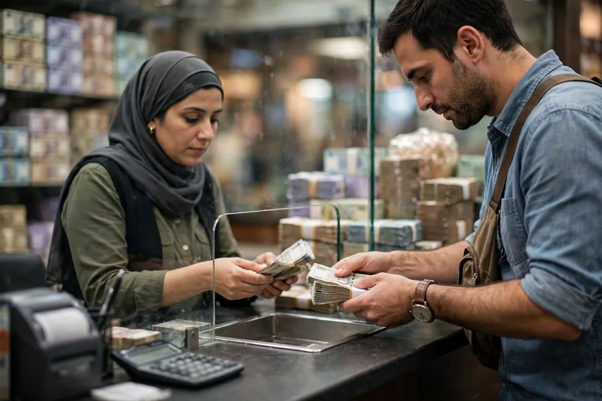 Customer exchanging currency at a money exchange counter in Karachi