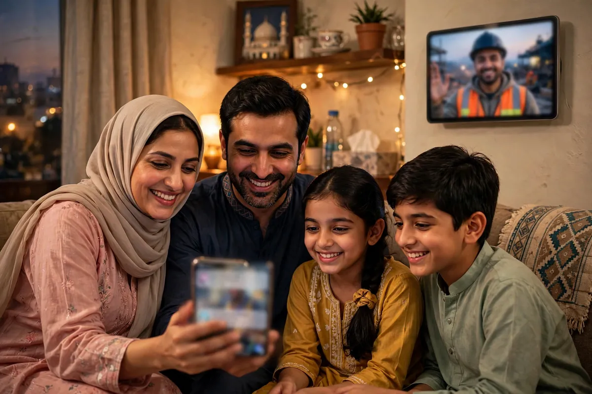 Family in Pakistan checking a remittance received on a smartphone