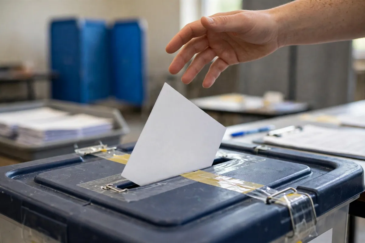 Hand placing a blank ballot paper into a sealed ballot box at a polling station