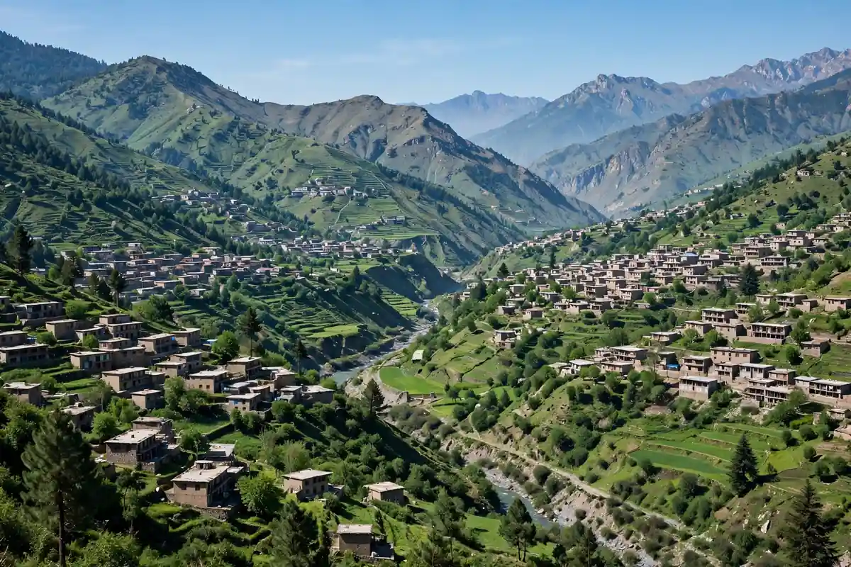 Mountain valley town in Khyber Pakhtunkhwa with houses on green hillsides