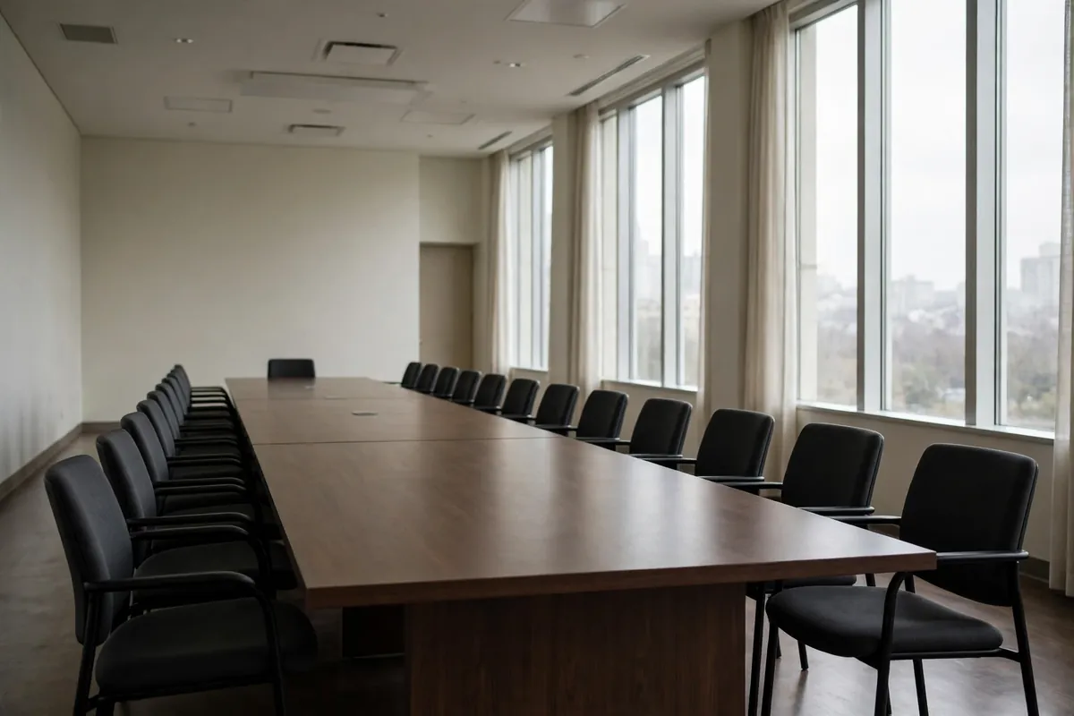 Empty official meeting room with a long table and rows of chairs