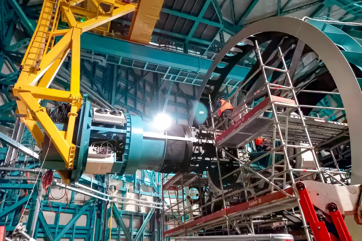 The commissioning camera being installed inside the Simonyi Survey Telescope at Rubin Observatory