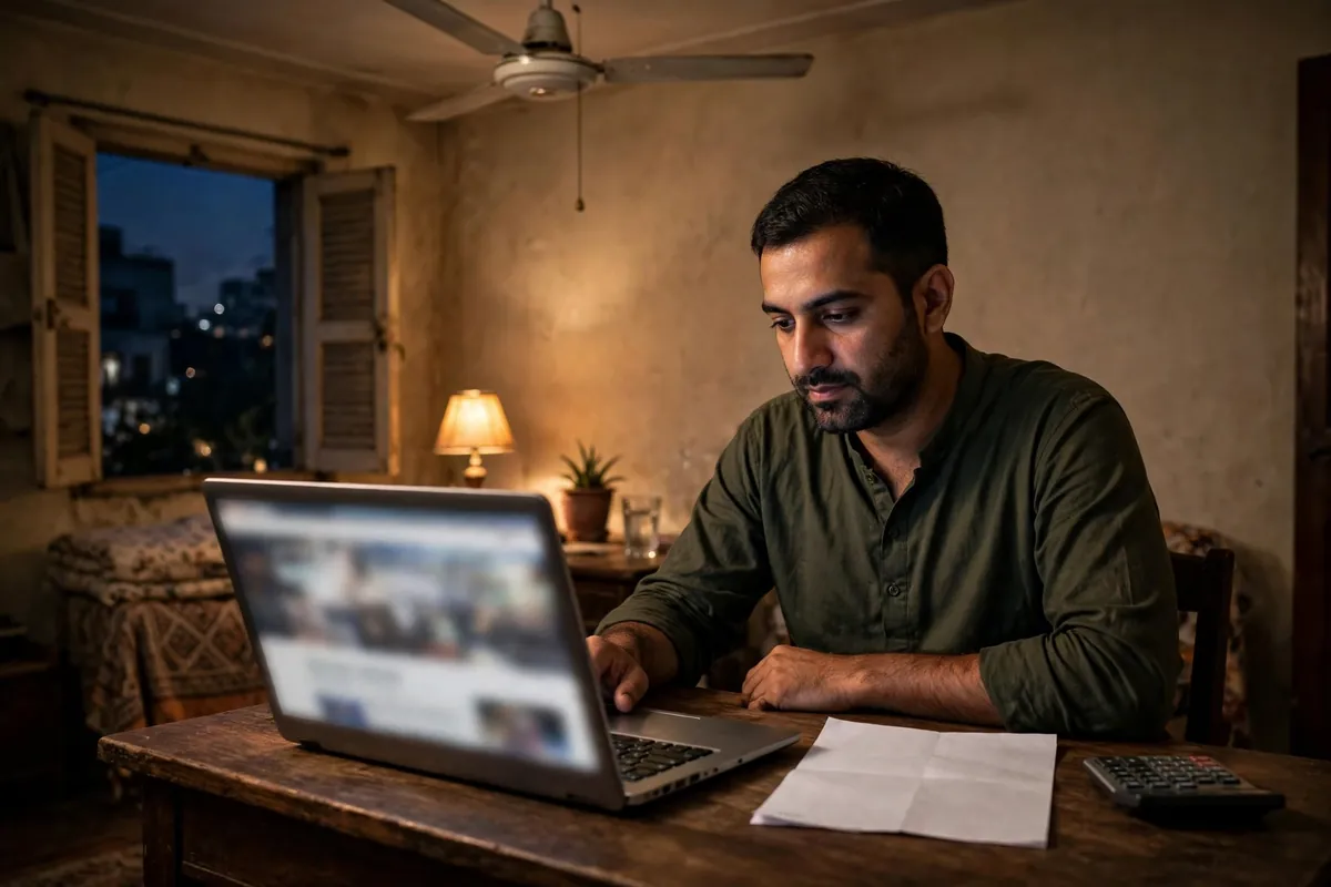 Man checking his electricity bill on a laptop at home in Pakistan