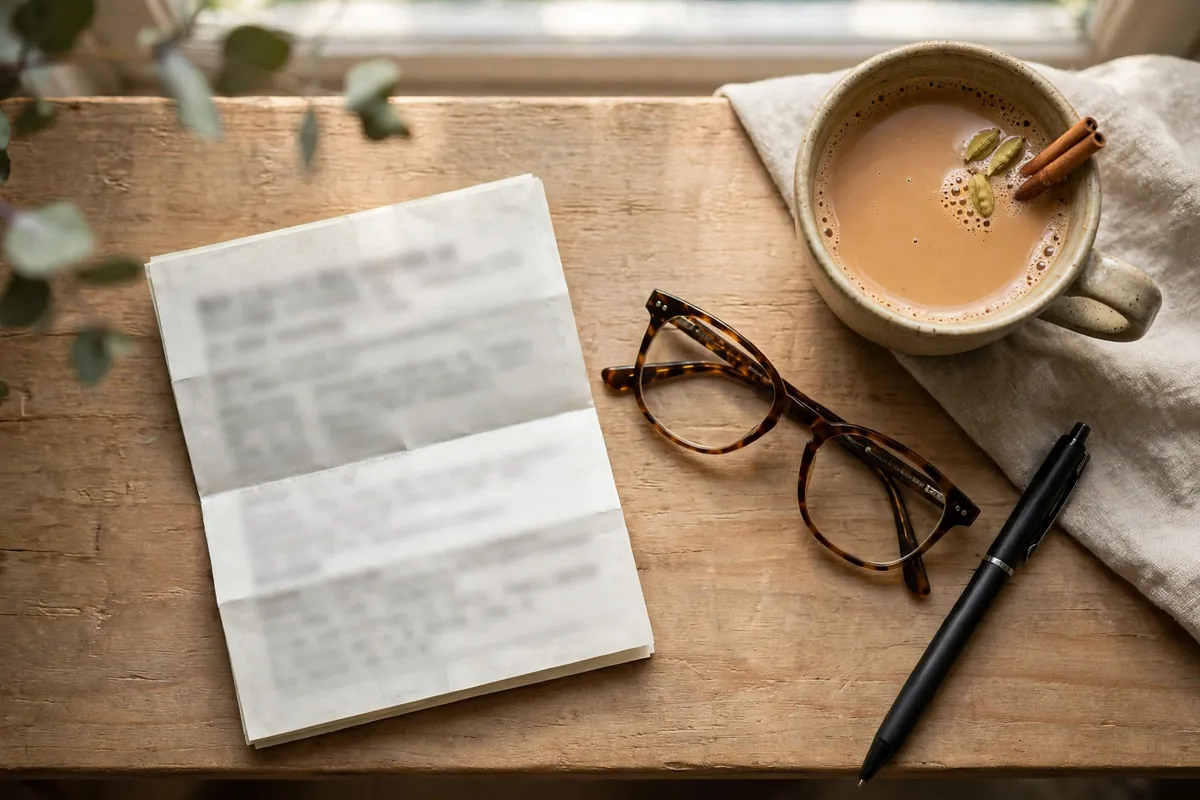 Printed electricity bill on a desk beside glasses and a cup of tea