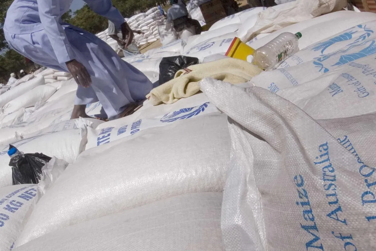 Sacks of food aid stacked for distribution