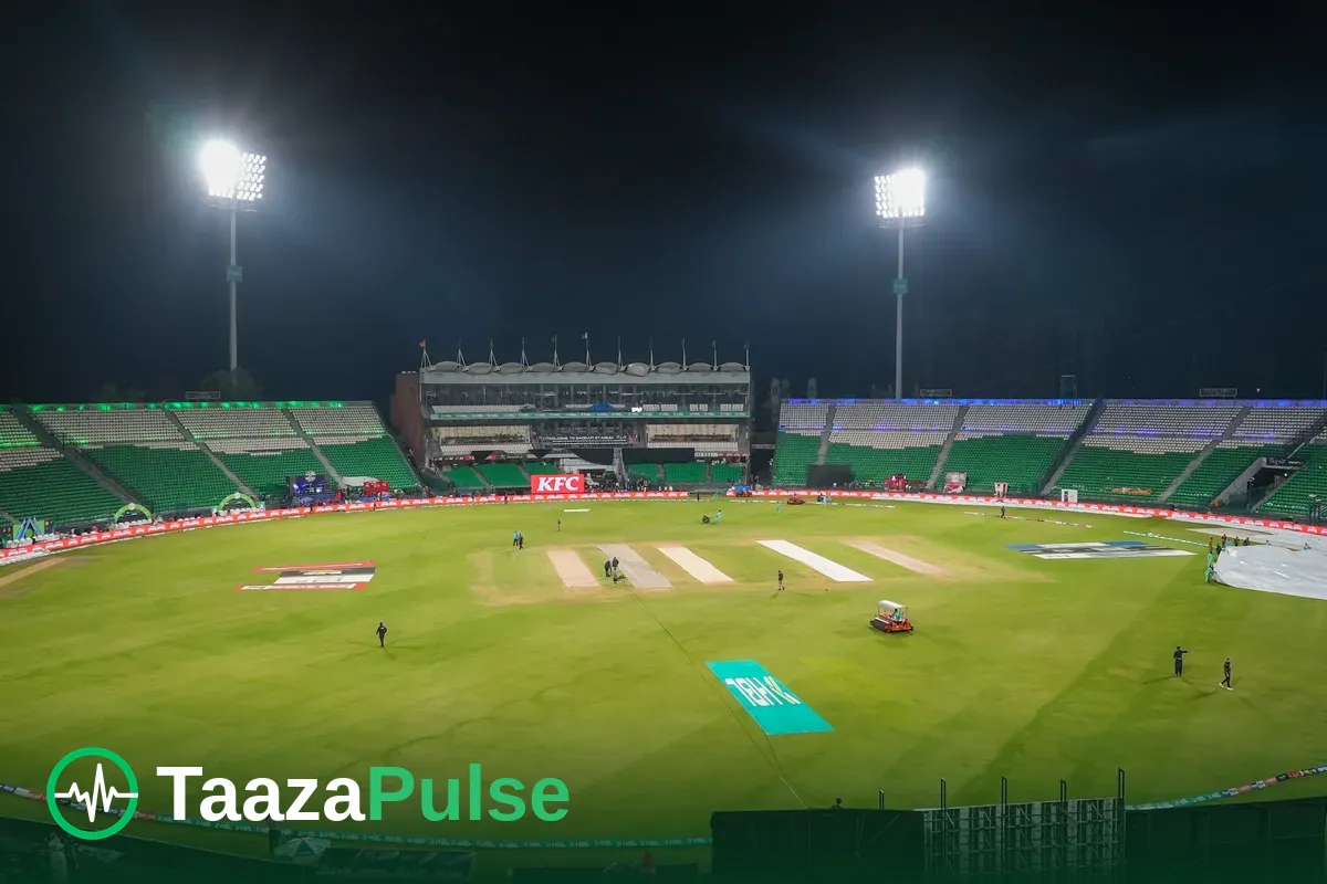 Gaddafi Stadium under floodlights during a night match in Lahore