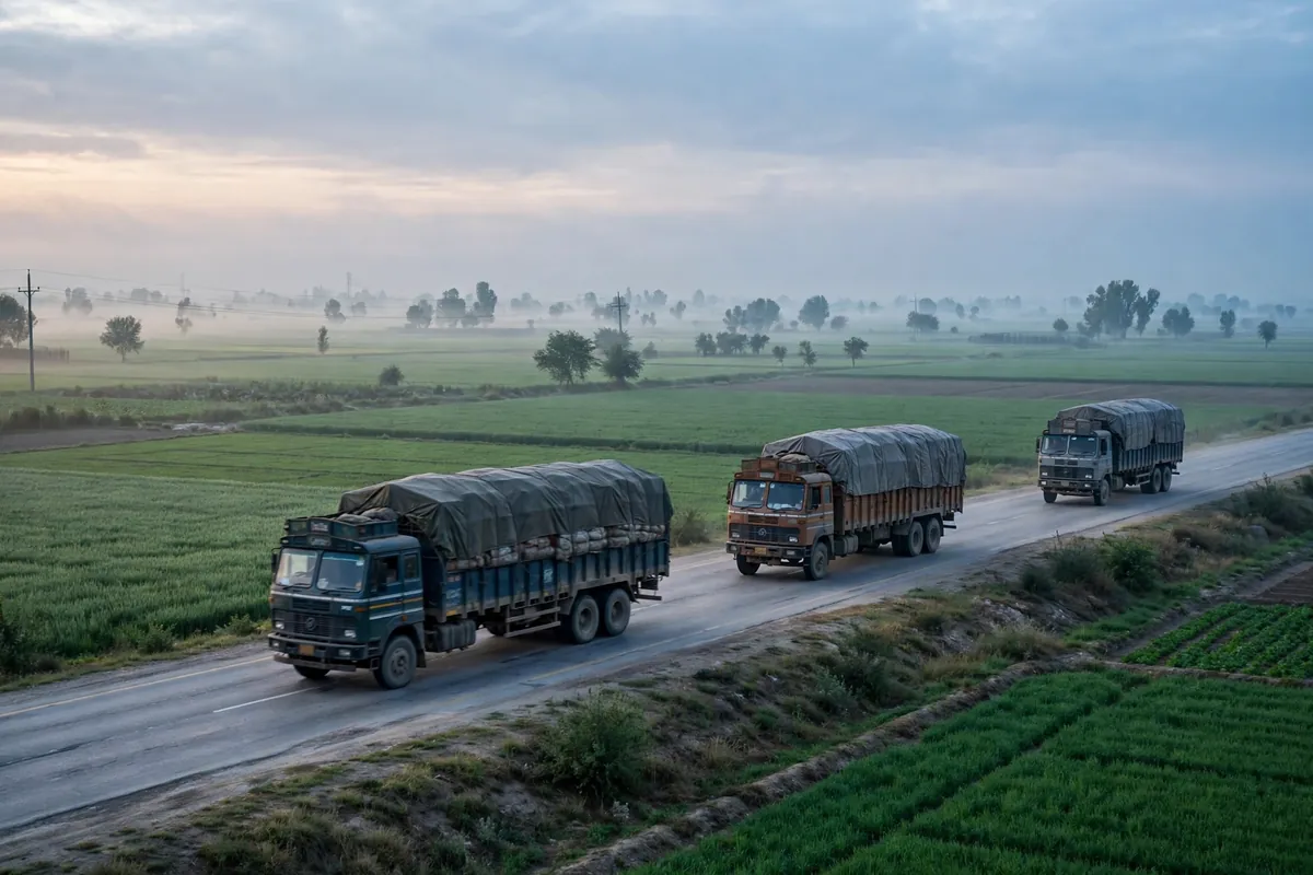 Loaded cargo trucks on a Punjab highway at dawn