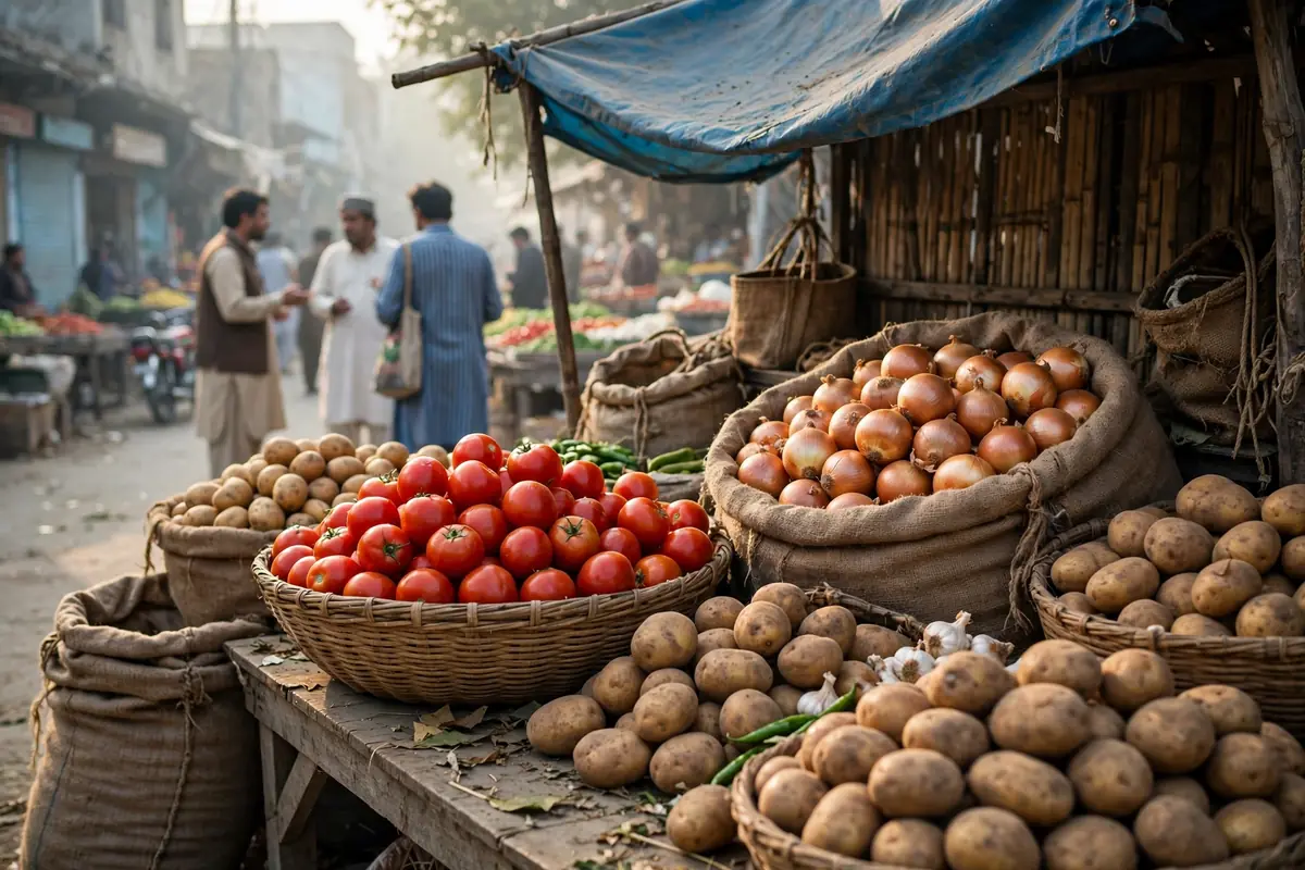 Vegetable stall at a market in Pakistan with customers bargaining