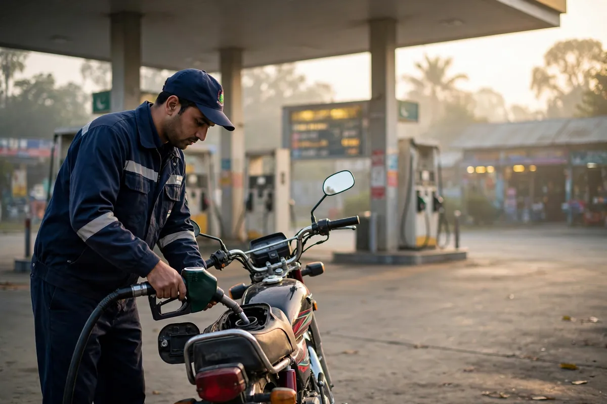 Attendant filling a motorcycle with petrol at a fuel station in Pakistan in the early morning