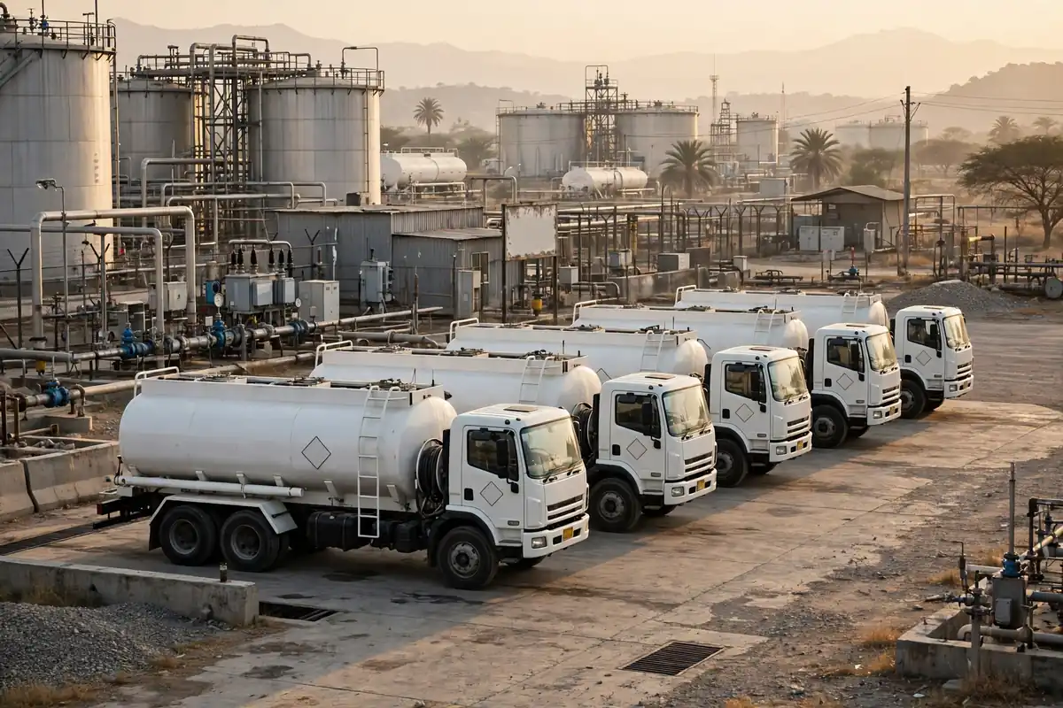 Fuel tanker trucks parked in a row at an oil depot in Pakistan