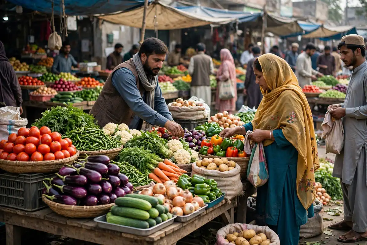بازار میں سبزی کی دکان پر خریدار