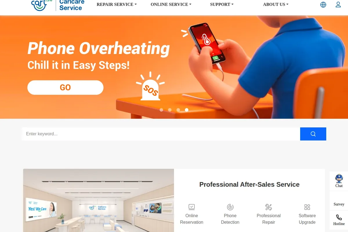 Screenshot of the Carlcare Pakistan homepage, the official after-sales service for TECNO, showing online reservation, phone detection, professional repair and software upgrade