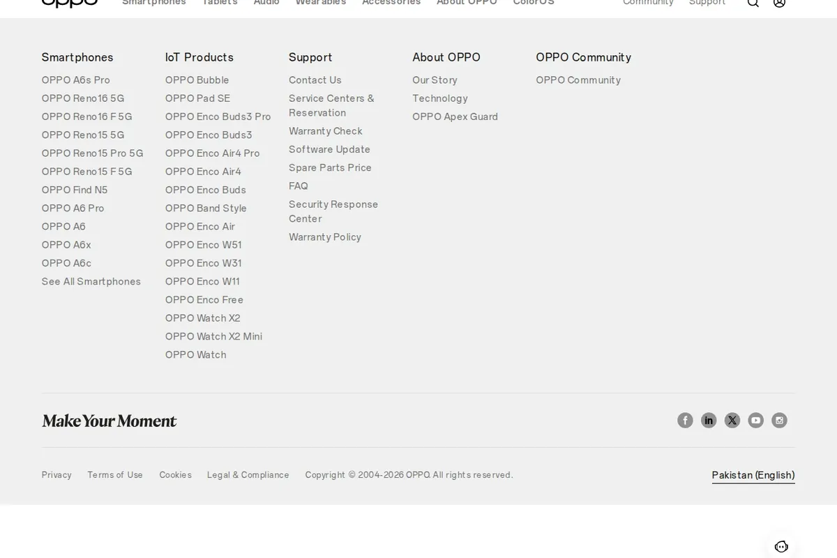 Screenshot of the Support menu on OPPO's official Pakistan website listing Service Centers and Reservation, Warranty Check, Software Update and Spare Parts Price