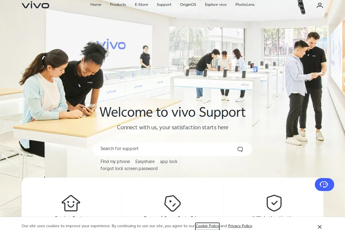 Screenshot of the official vivo Pakistan Support homepage showing the support search bar and quick links such as Easyshare