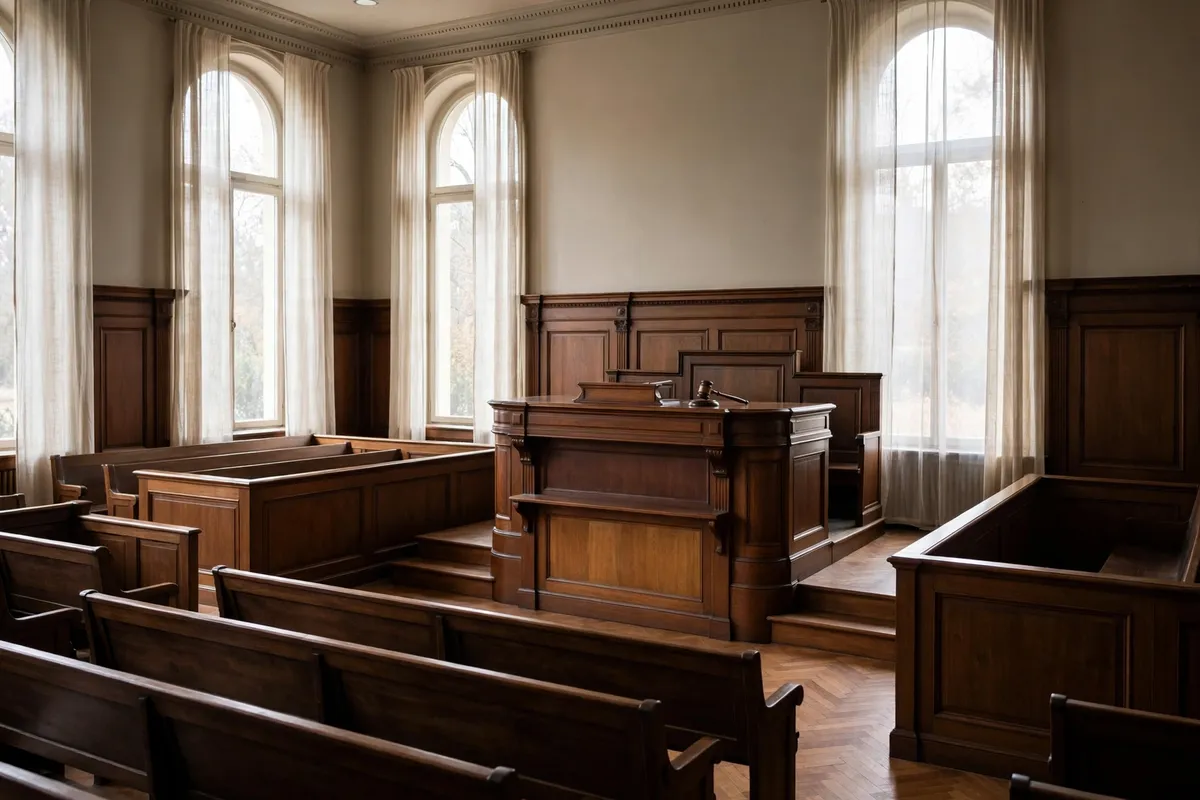 An empty courtroom with a wooden judge's bench and a gavel (editorial illustration)