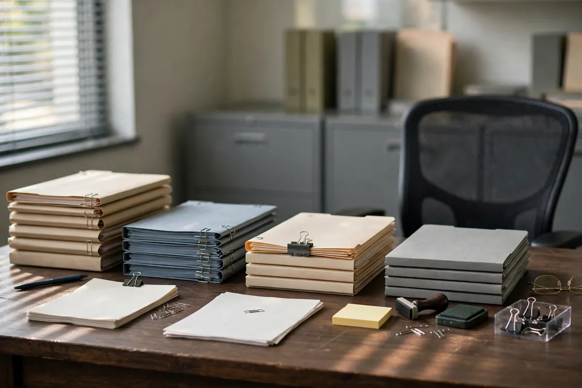 Stacks of files and folders on a government office desk (editorial illustration)