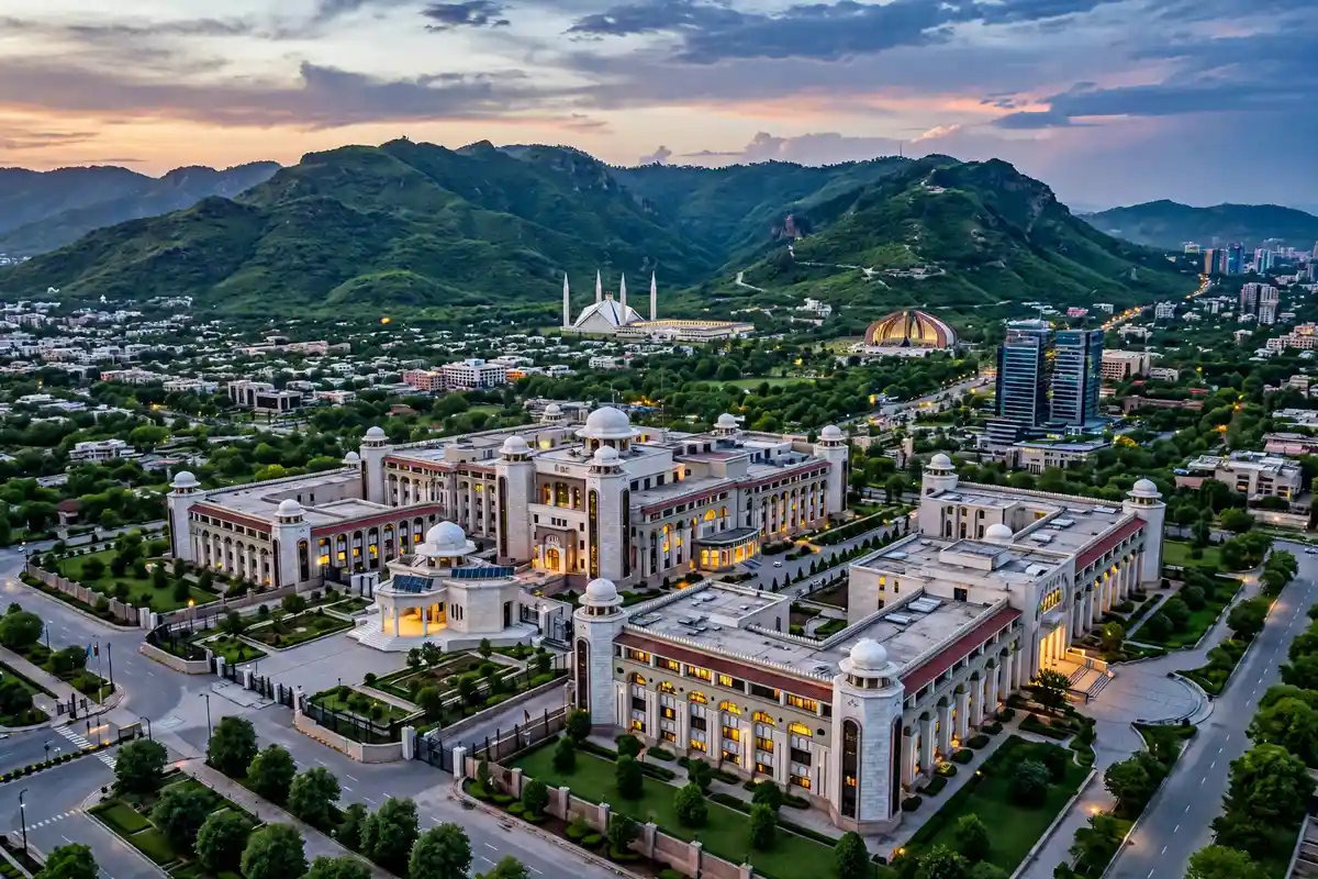 Islamabad cityscape at dusk with the Margalla Hills behind government buildings (editorial illustration)