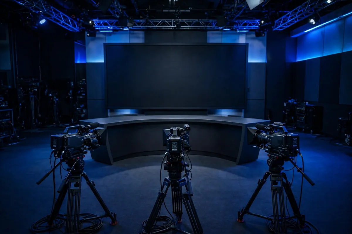 A television news studio with broadcast cameras facing an empty anchor desk