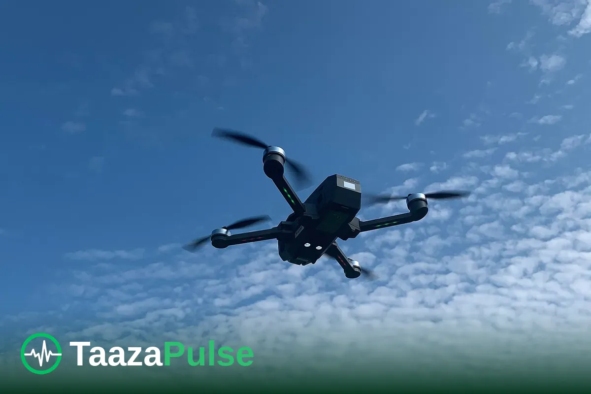 A quadcopter drone in flight against a blue sky