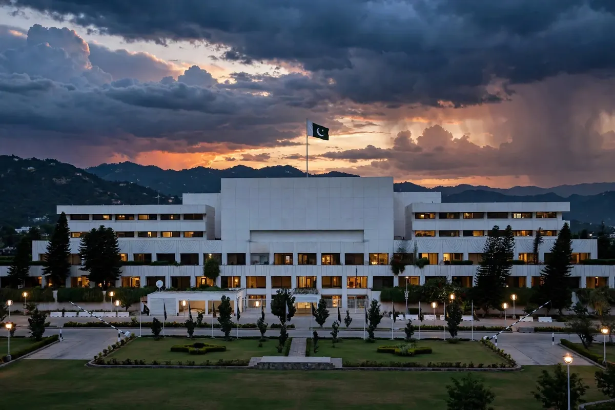 Parliament House in Islamabad at dusk with the Pakistani flag flying