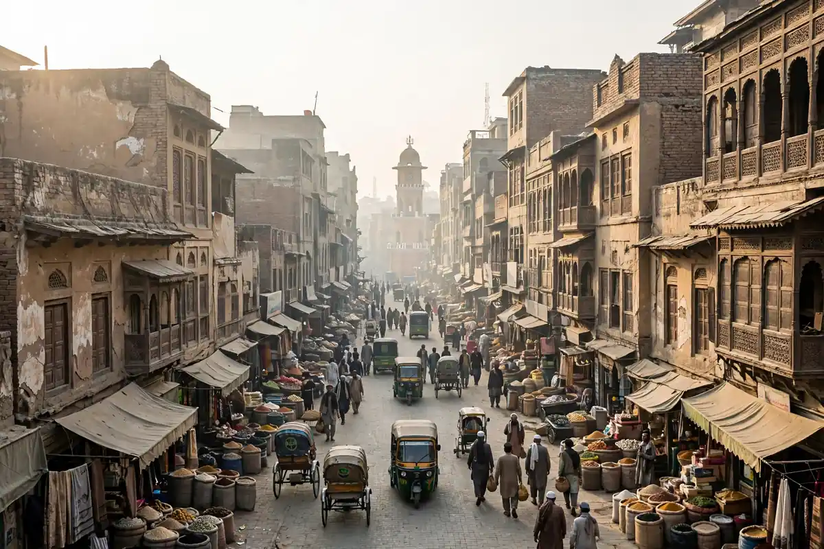 Busy old-city street in Peshawar with rickshaws and shoppers