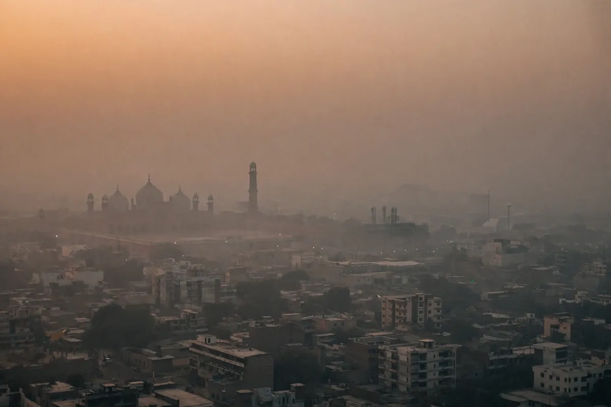 Lahore skyline shrouded in thick smog at sunrise with a mosque silhouette