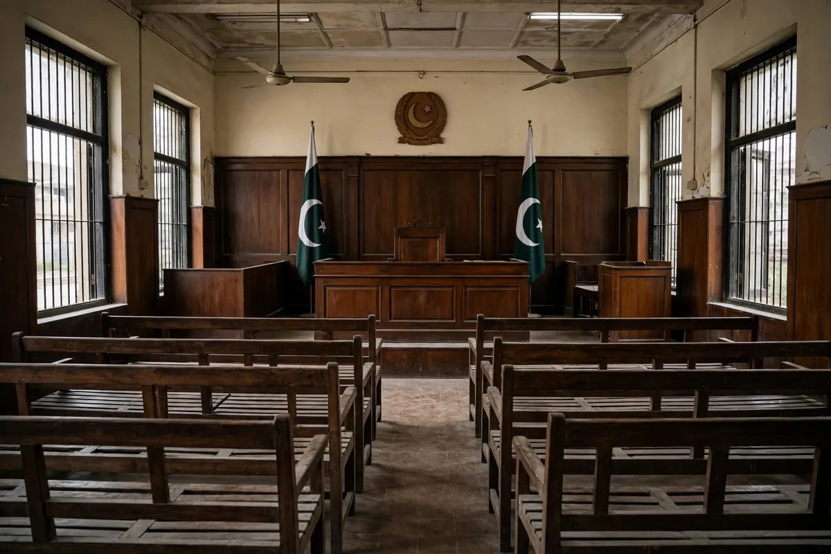 Empty courtroom with wooden benches, judge's bench and national flags