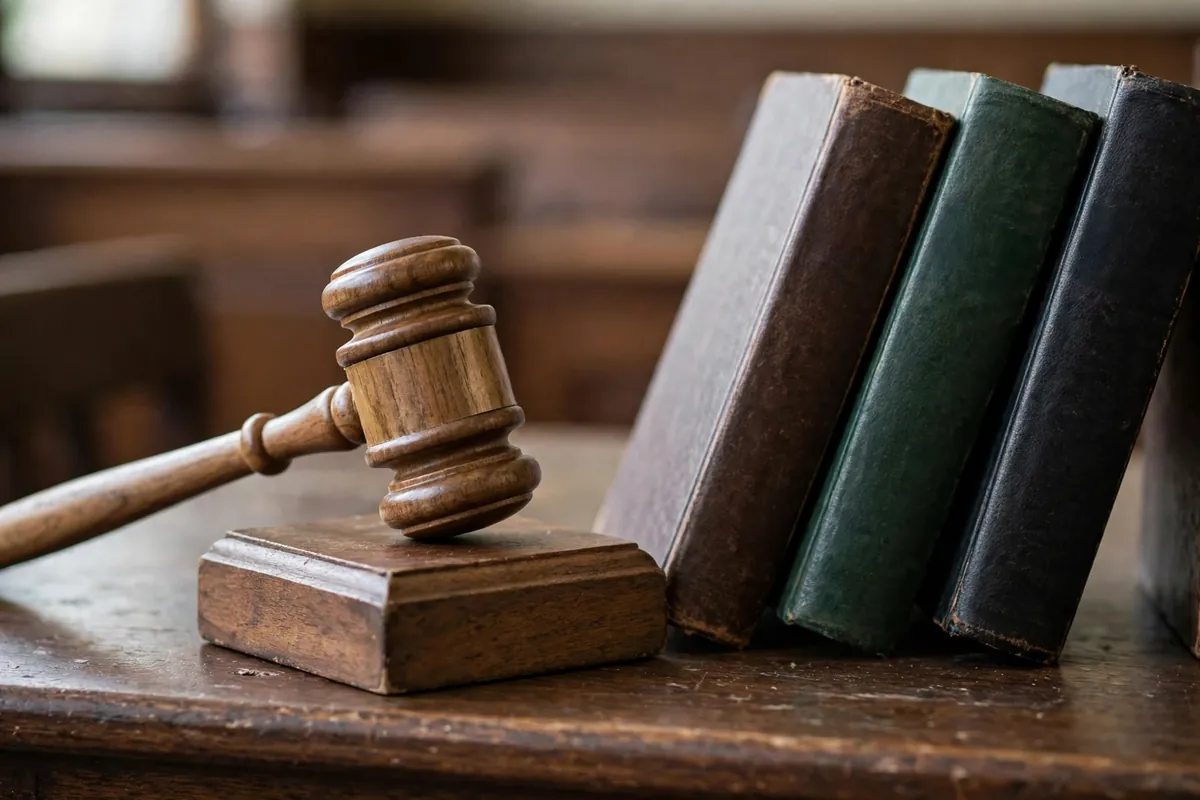 Wooden judge's gavel on a sound block beside law books in a courtroom