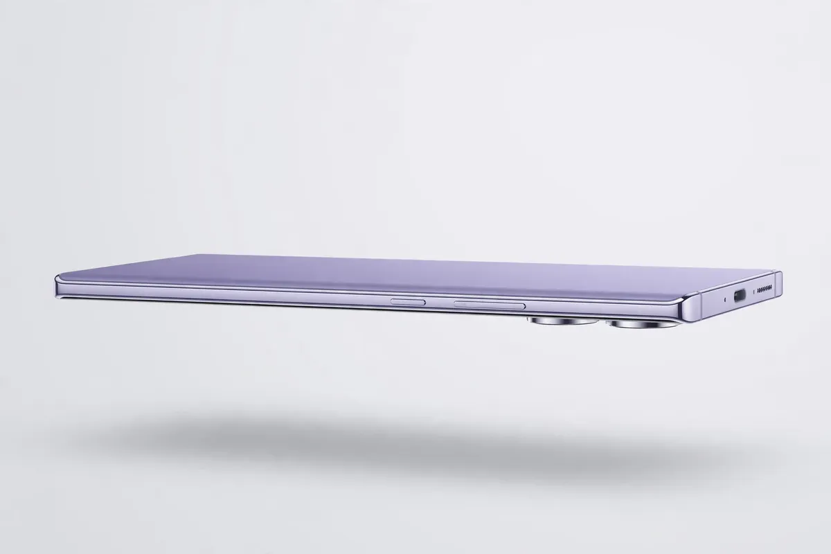 Infinix Hot 60 Pro Plus style ultra-slim smartphone with a misty violet back shown from its thin side profile