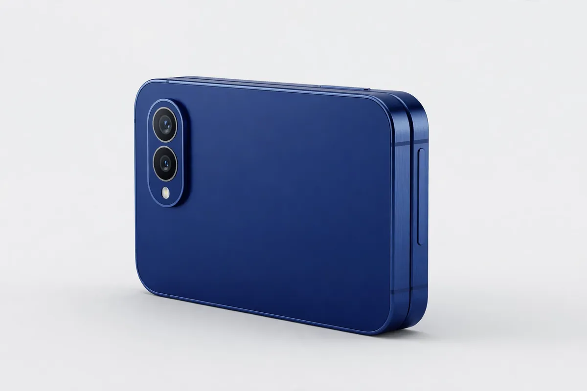 iPhone 16 style compact smartphone with an ultramarine blue frame and vertical dual camera pill in a studio product shot