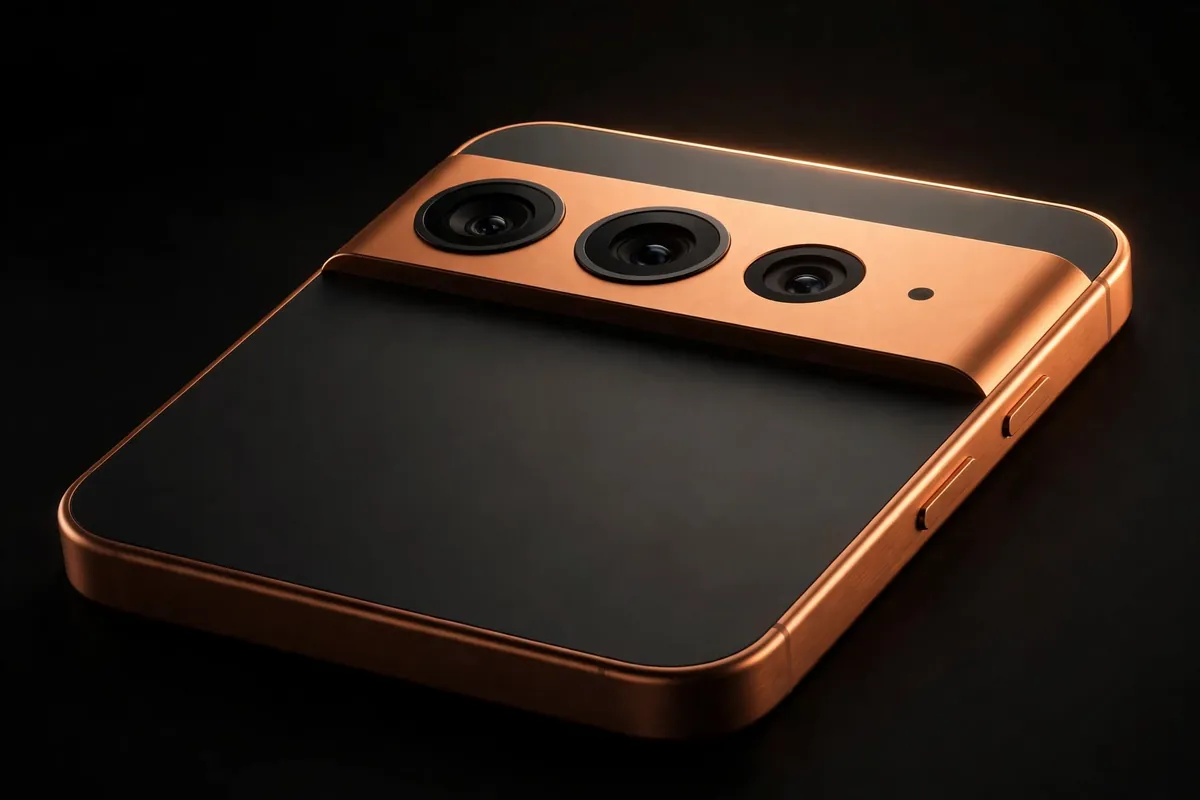 iPhone 17 Pro Max style flagship smartphone with an orange titanium frame and wide triple camera plateau in a dark studio shot