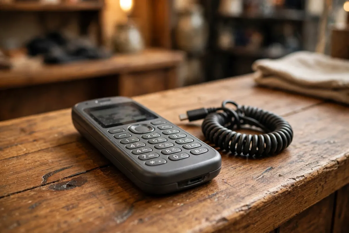 Nokia 210 style classic candybar feature phone with a physical keypad on a wooden shop counter