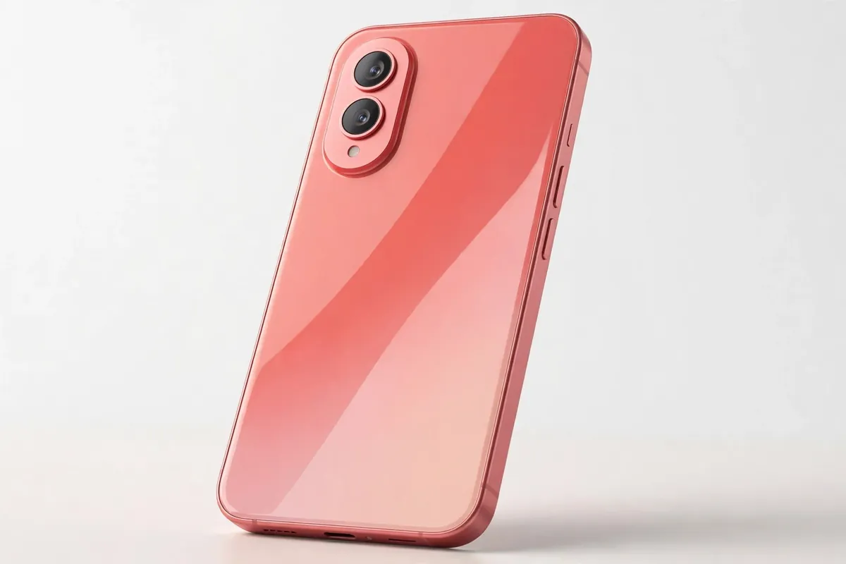 Oppo A6 Pro style smartphone with a coral pink gradient back and dual camera module in a studio product shot