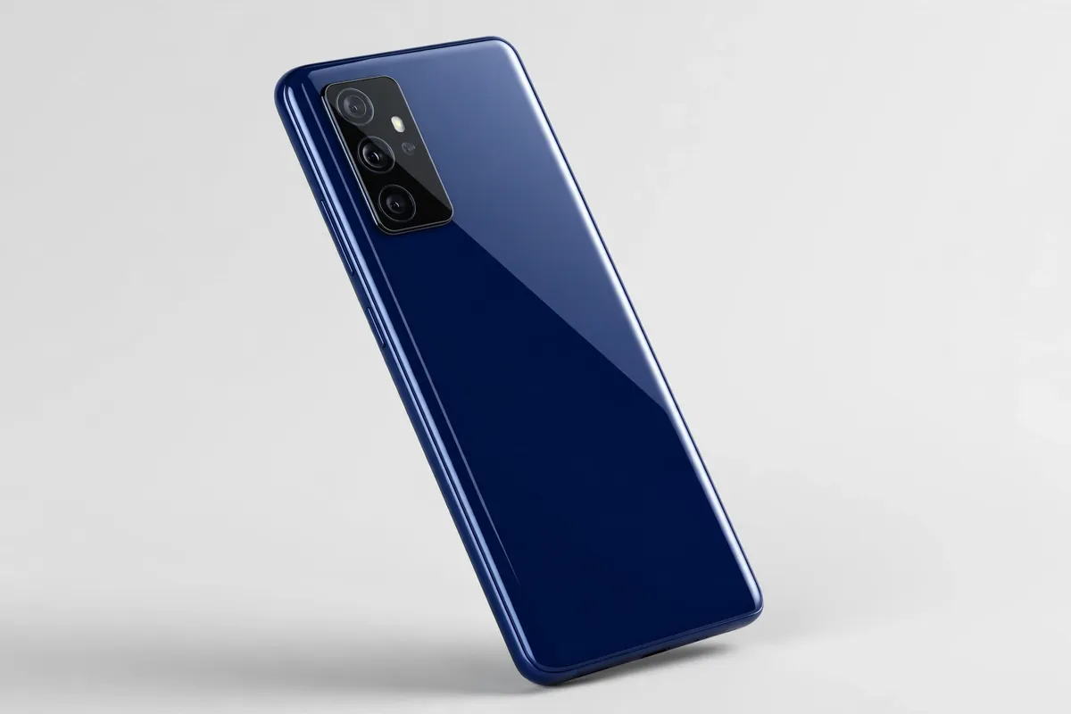 Oppo A6 style smartphone with a sapphire blue glossy back and rectangular camera module in a studio product shot