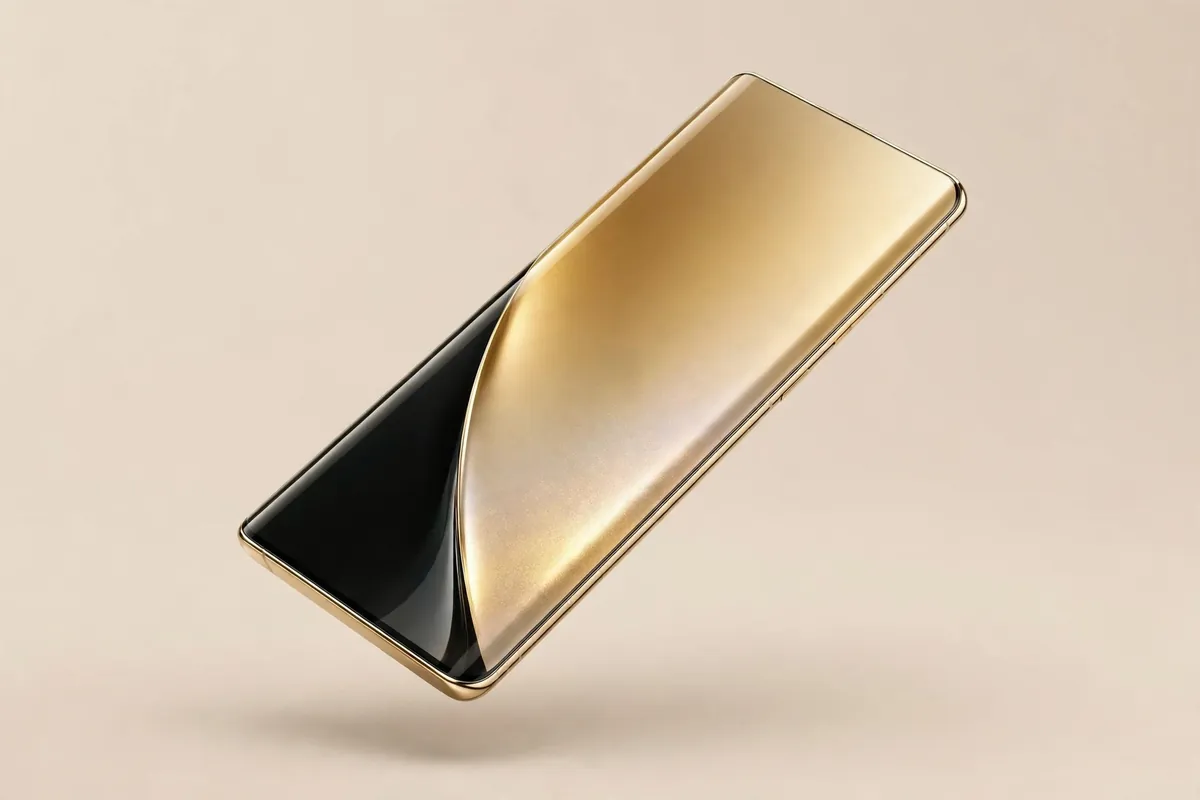 Oppo Reno 9 style smartphone with a curved display and shimmering gold gradient back in a studio product shot