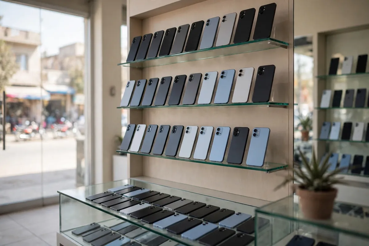 Rows of new smartphones on glass shelves inside a mobile phone shop in Pakistan
