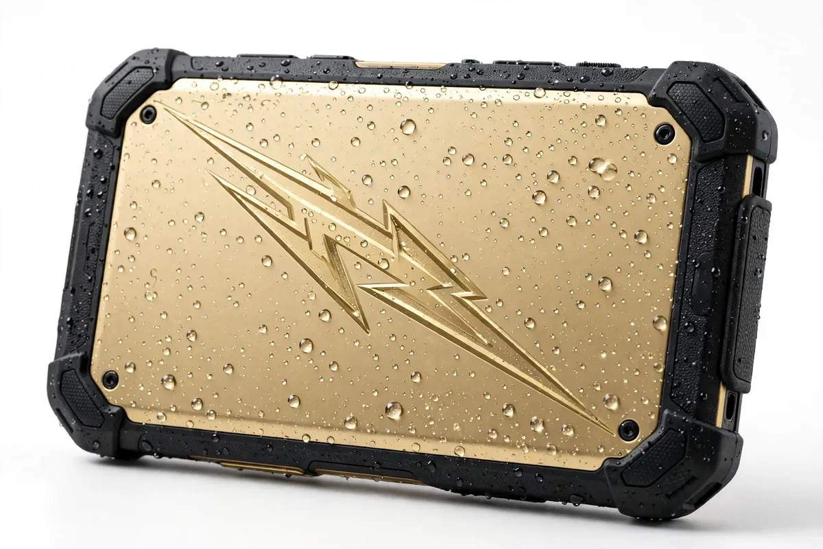 Realme C75 style rugged smartphone with a lightning gold back covered in water droplets in a studio shot
